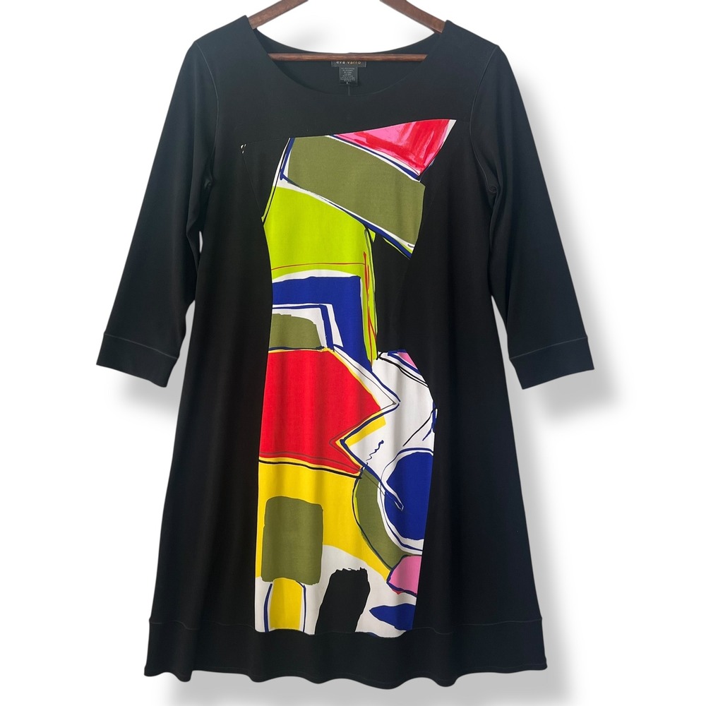Eva Varro L Dress‎ Black Abstract Pop Art To Wear A-Line Lined Colorful Stretch